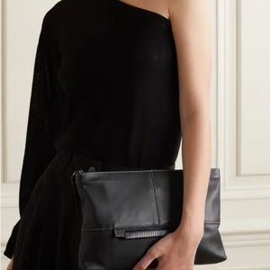 STAUD Leo Black Leather Topstitched Clutch Bag